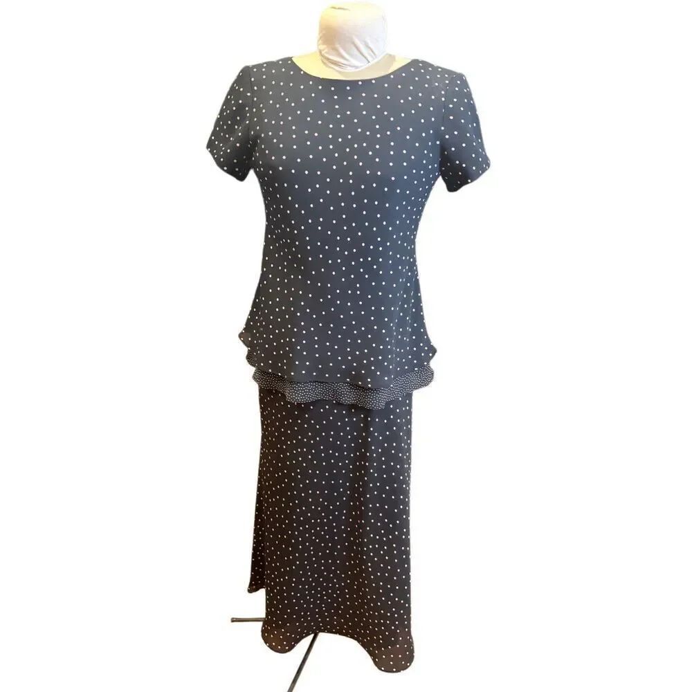 Jessica Howard Skirt Set Peplum Top & Long Skirt Sz. 8 Black w/Pink Polka Dots